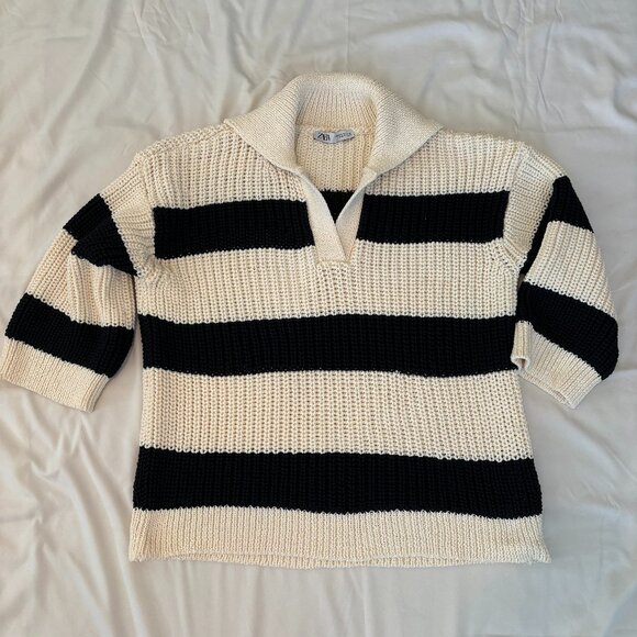 Zara Oversized Collared Striped Knit Sweater Size XS-S - Picture 1 of 4